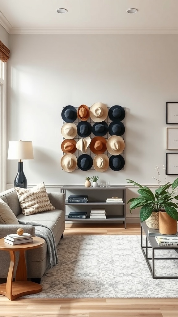 A stylish living room featuring a repurposed wine rack used for storing hats.