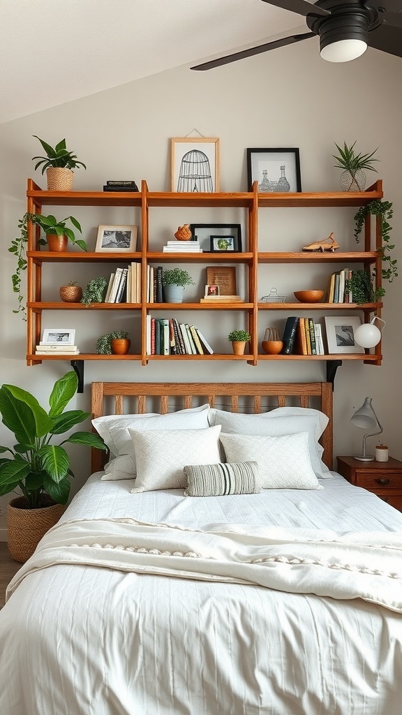 A cozy country teen bedroom featuring repurposed wood shelving with books and plants.