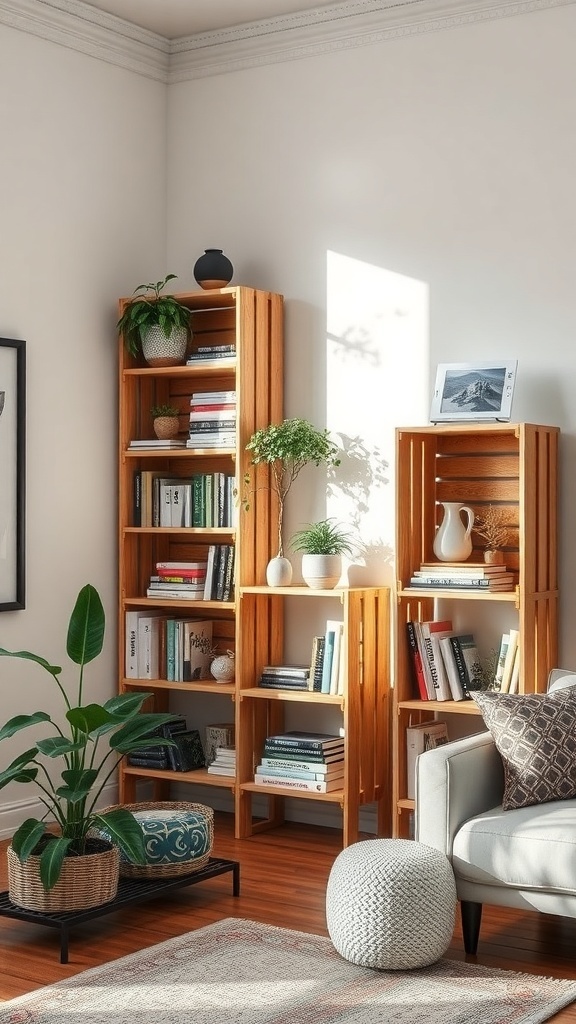 A cozy room featuring repurposed wooden crates as bookshelves, displaying books and plants.