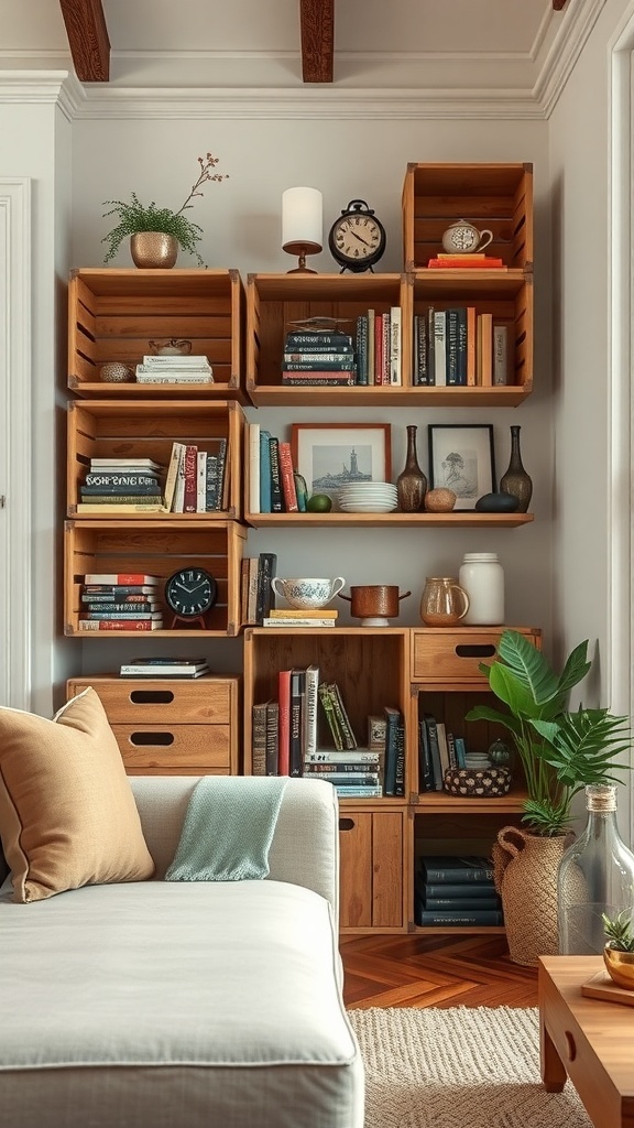 A stylish arrangement of repurposed wooden crates serving as shelves, displaying books and decorative items in a cozy living room.