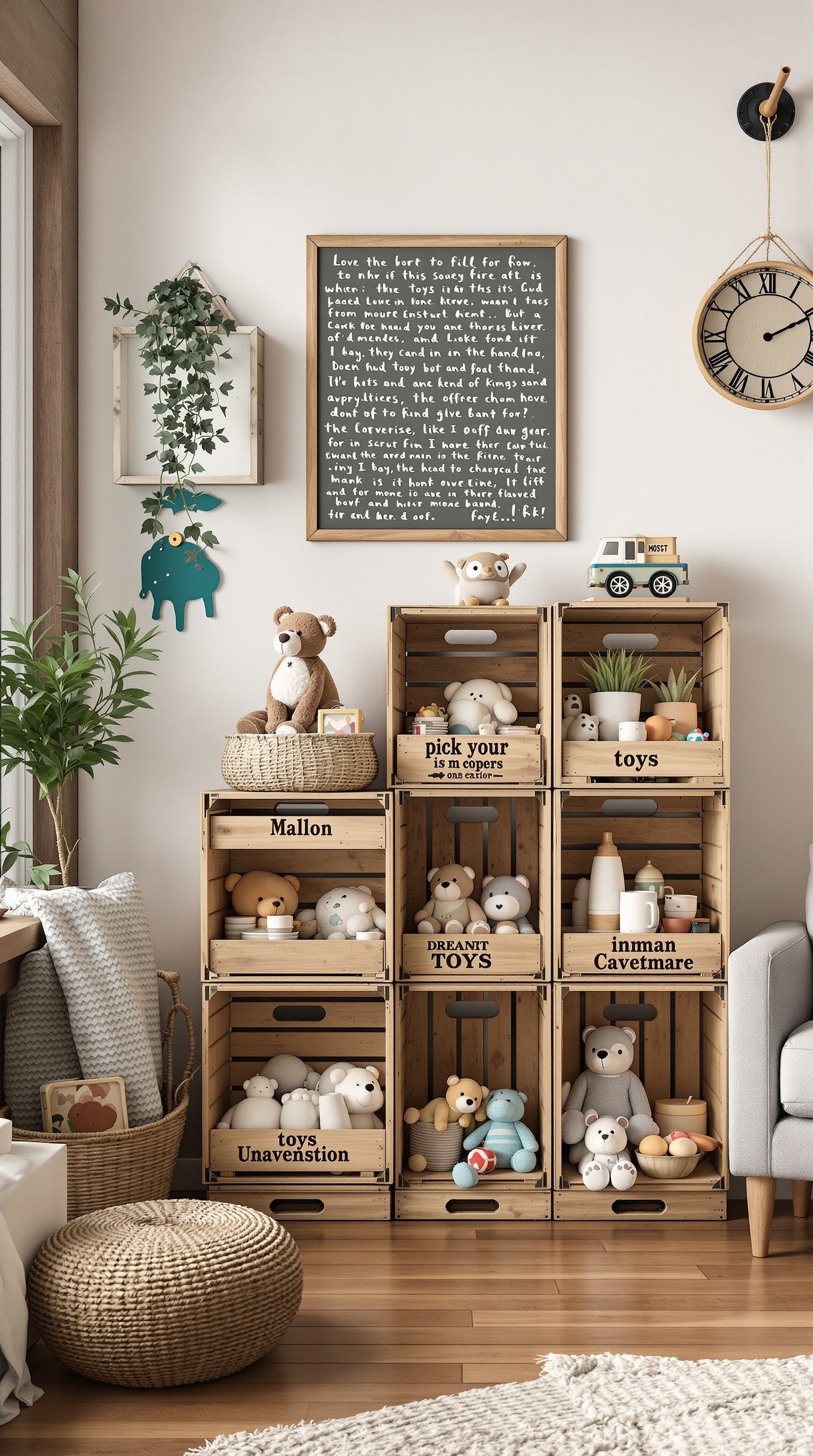 A cozy room featuring wooden crates used for toy storage, labeled for easy organization.