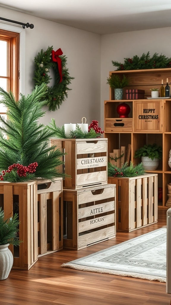 A cozy living room decorated with repurposed wooden crates filled with greenery and festive accents.