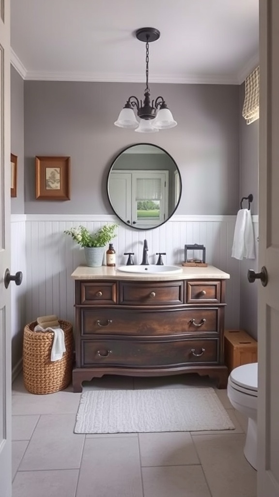A stylish bathroom with a vintage dresser used for storage, showcasing creative repurposing.