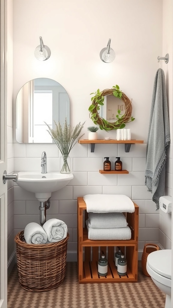 A small, organized bathroom featuring a mirror, wooden shelves, a towel basket, and plants.