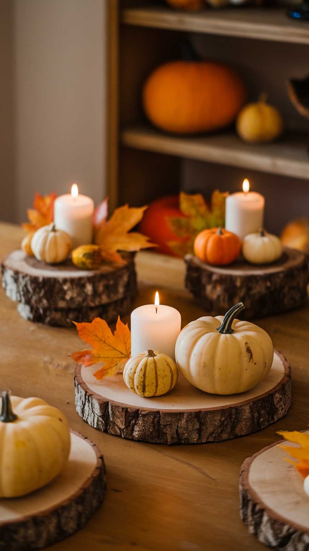 A cozy fall decor setup featuring white candles, small pumpkins, and autumn leaves on wooden slices.