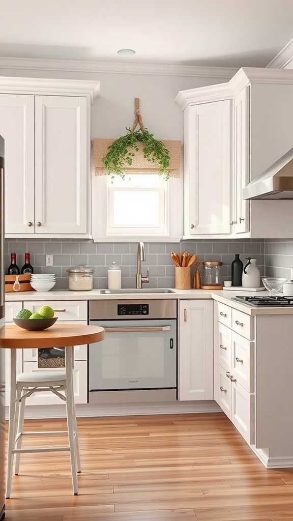 A small kitchen with white cabinets, a wooden table, and modern appliances.