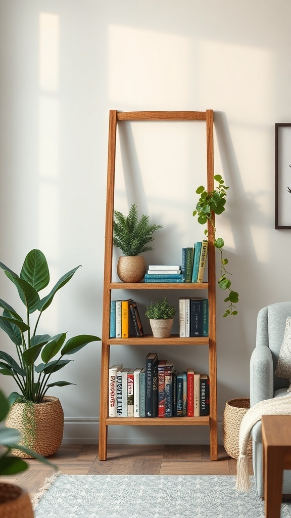A stylish ladder-style bookshelf with plants and books in a cozy room.
