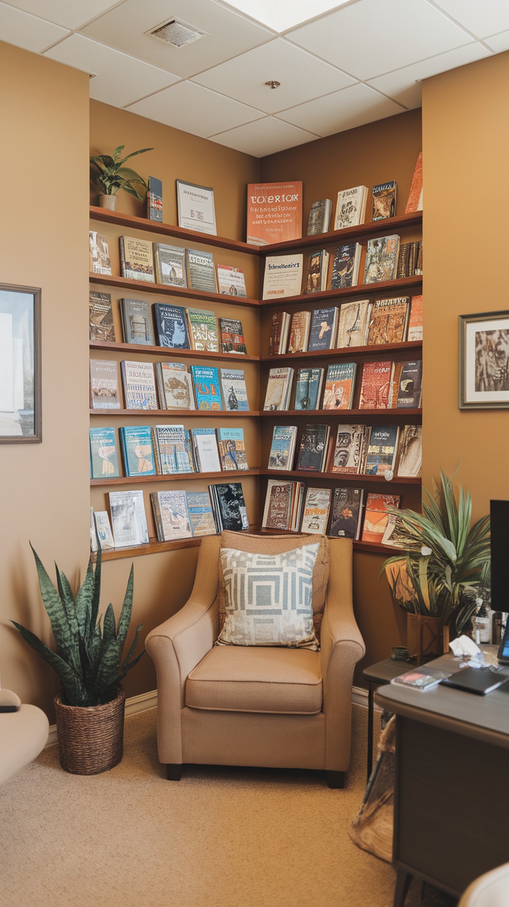 A cozy therapist office with a bookshelf filled with various books, a comfortable chair, and plants.
