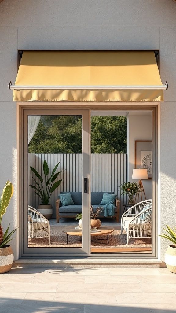 A sliding glass door with a retractable yellow awning, showcasing a cozy outdoor seating area.
