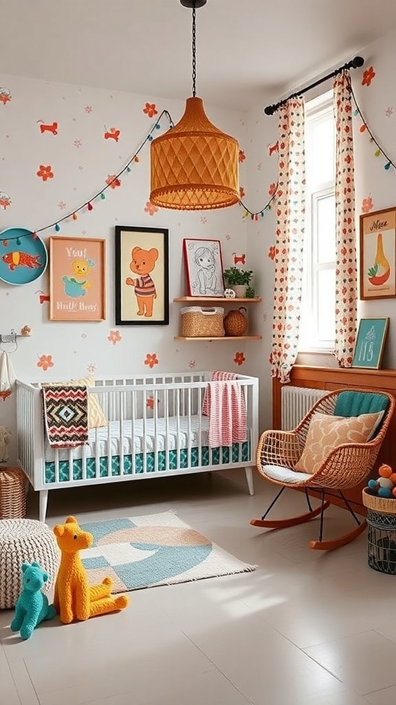 A colorful nursery with retro 70s decor, featuring floral wallpaper, a crib, and playful stuffed animals.