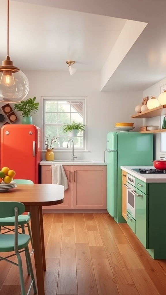 A mid-century modern kitchen featuring retro appliances in bright colors, including a red refrigerator and mint green stove, with a warm wooden floor and a cozy dining area.