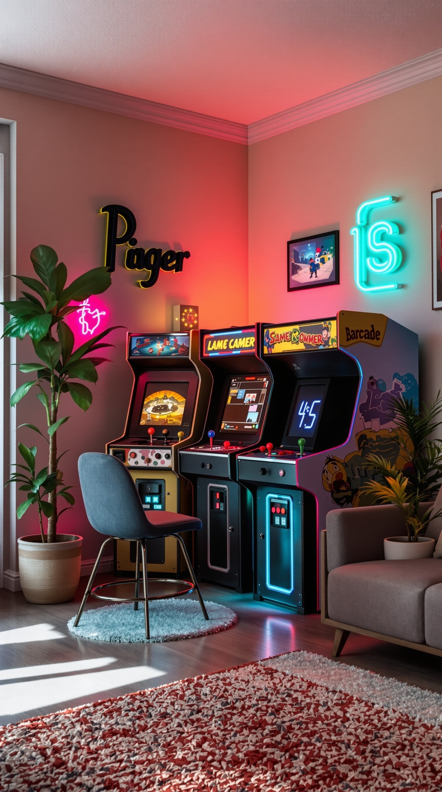 A cozy retro arcade corner featuring colorful arcade machines, neon lights, and a comfortable chair.