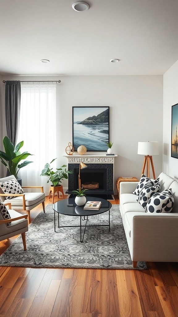 A stylish living room featuring retro black and white patterns with polka dot cushions, a patterned rug, and natural light.