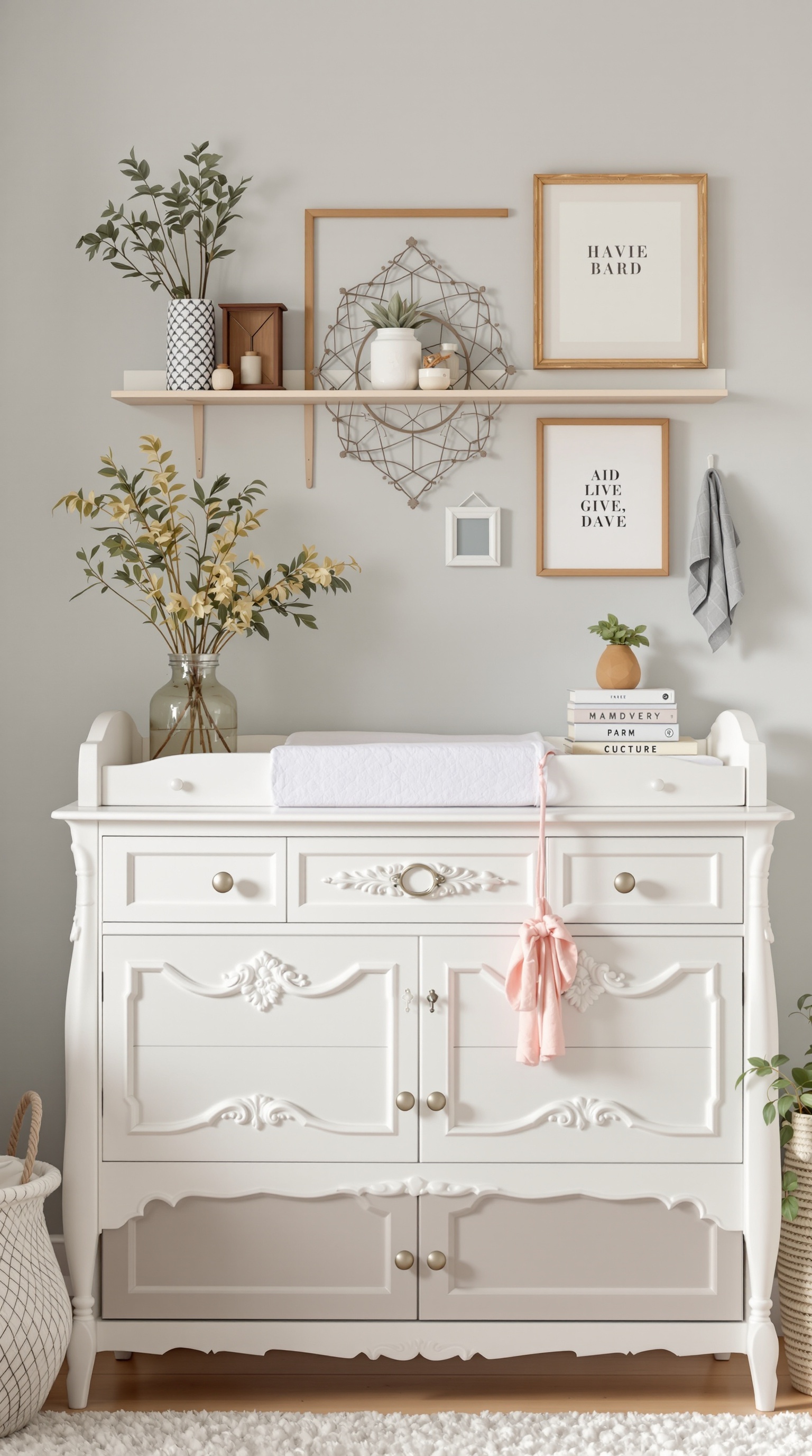 A vintage white changing table with ornate details, decorated with plants and framed art on the wall.