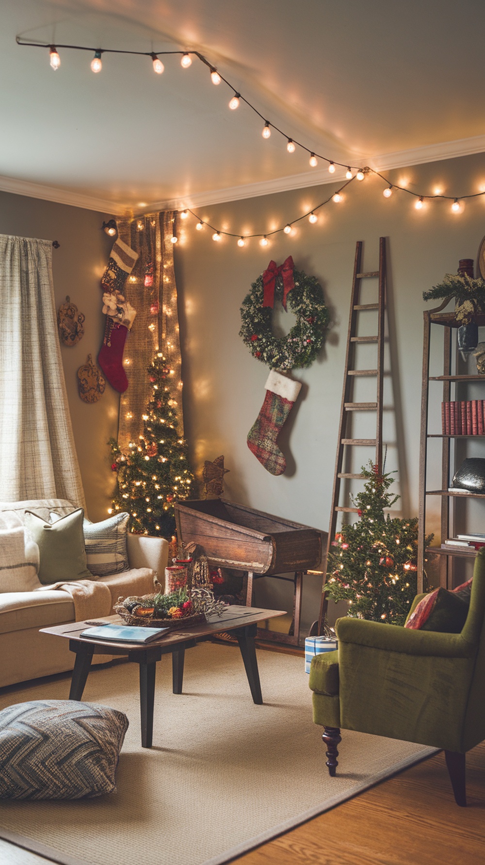 Cozy living room decorated with retro Christmas lights and vintage decor