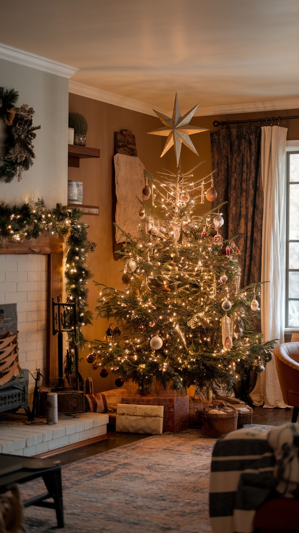 A beautifully decorated Christmas tree with a star topper, warm lights, and classic ornaments.
