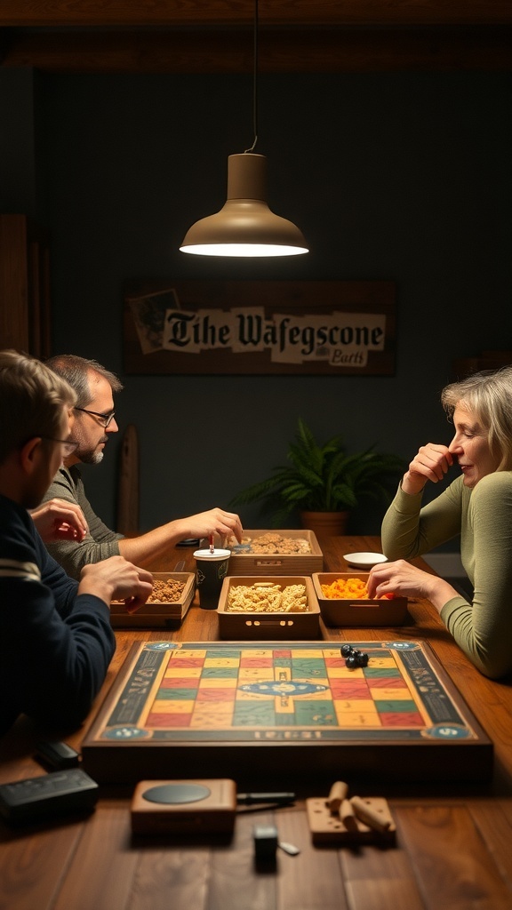 Group of friends playing board games at a dimly lit table with snacks
