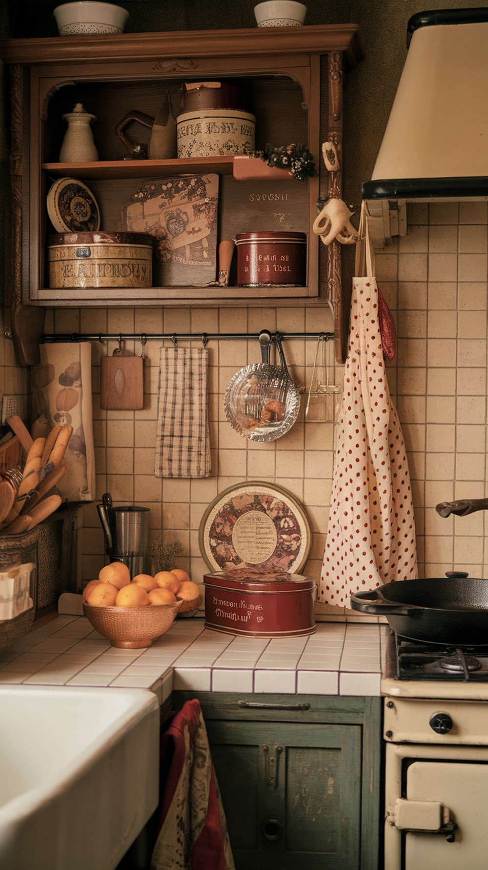 A cozy kitchen with vintage baking decor, featuring old tins, a bowl of oranges, and a polka-dotted apron.