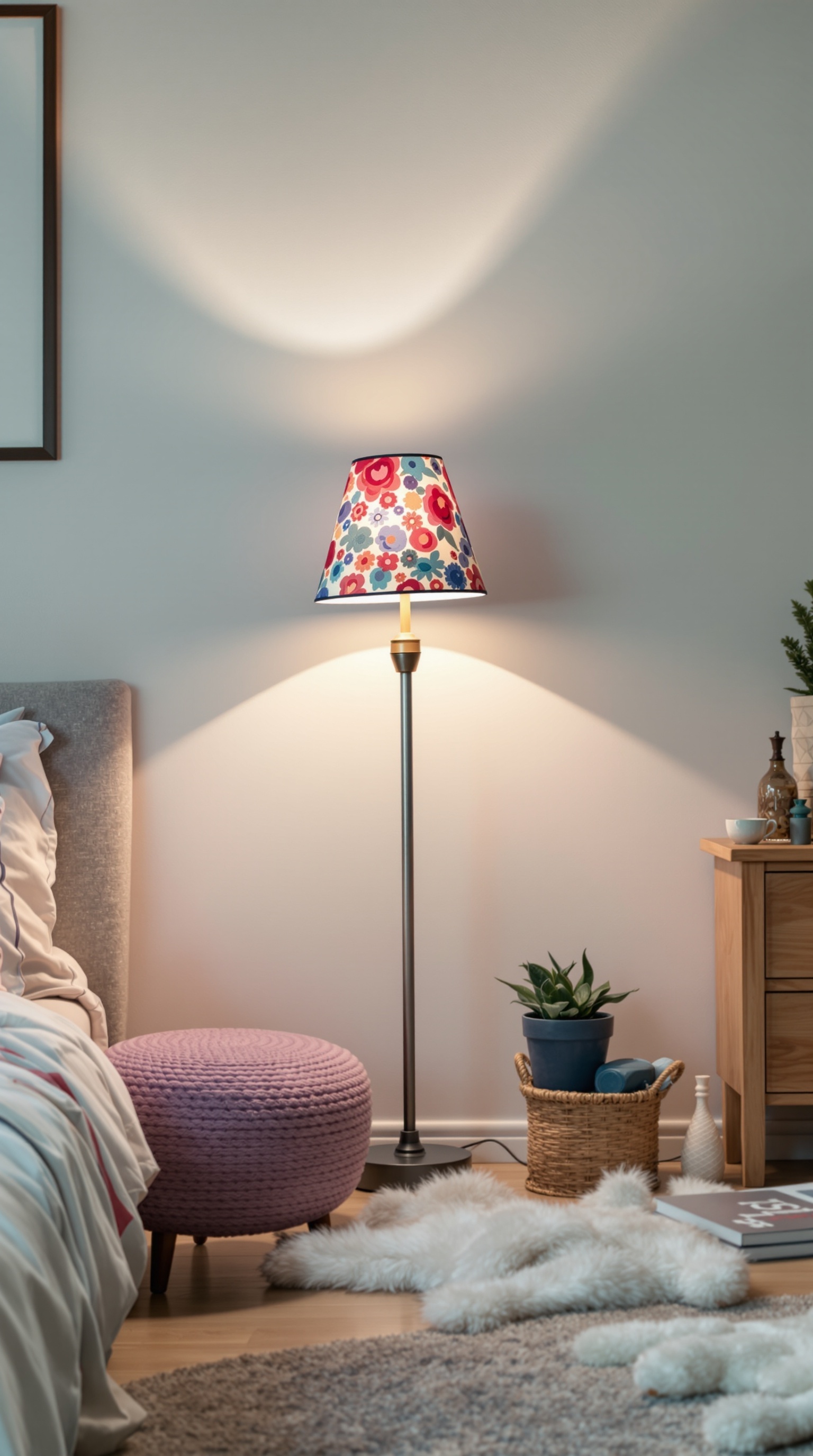 A colorful floral lamp in a vintage kids' room, with a pink pouf and soft rugs.