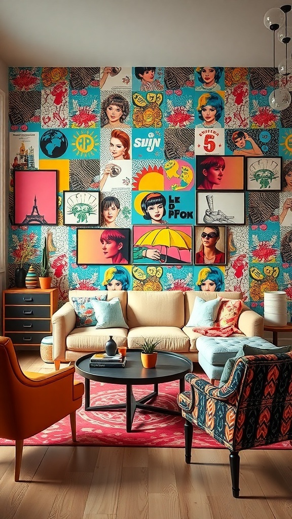 A living room with retro pop art wallpaper featuring colorful prints and vintage portraits.