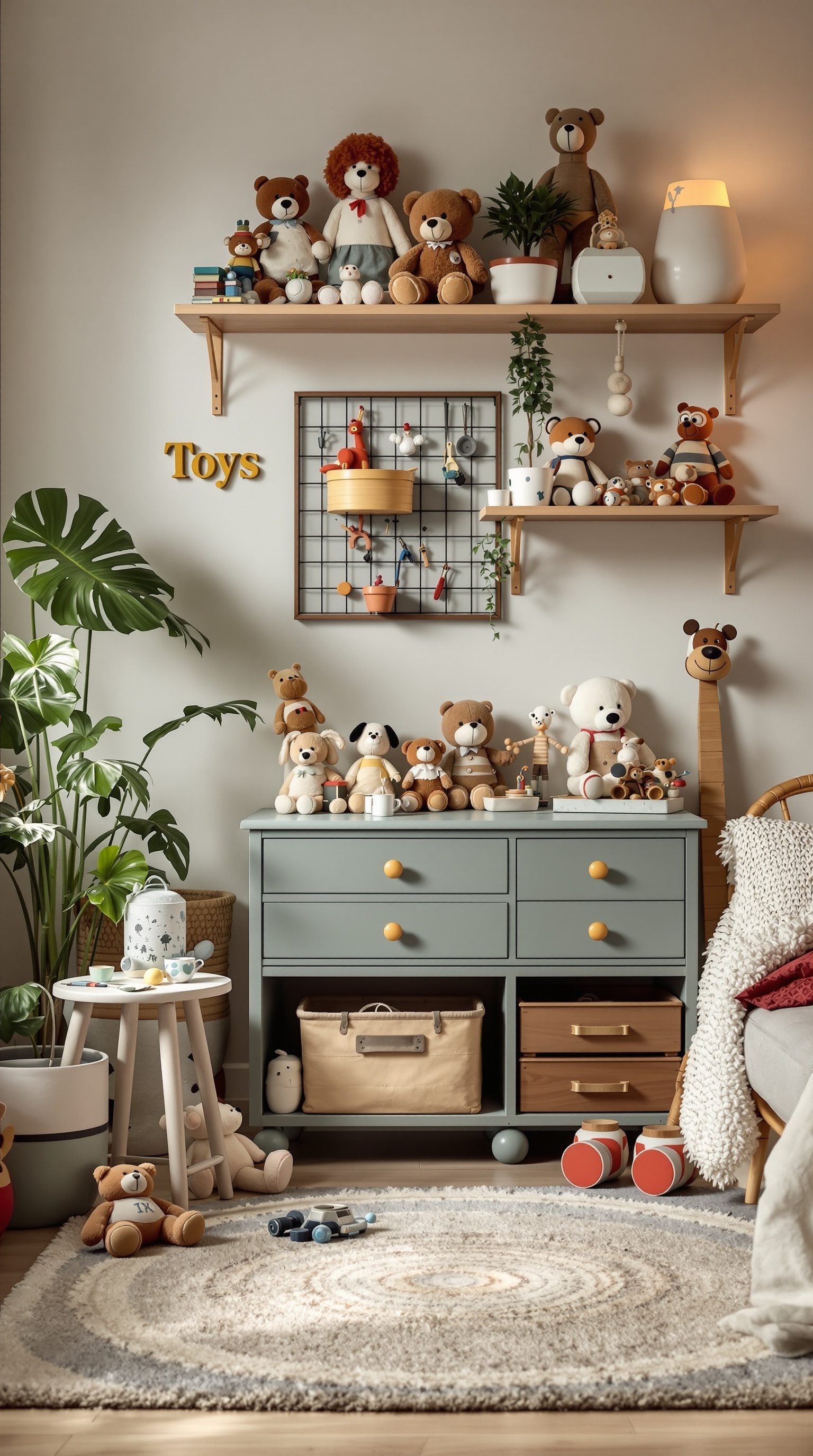 A cozy vintage toddler room featuring a collection of retro stuffed animals and toys displayed on shelves and furniture.