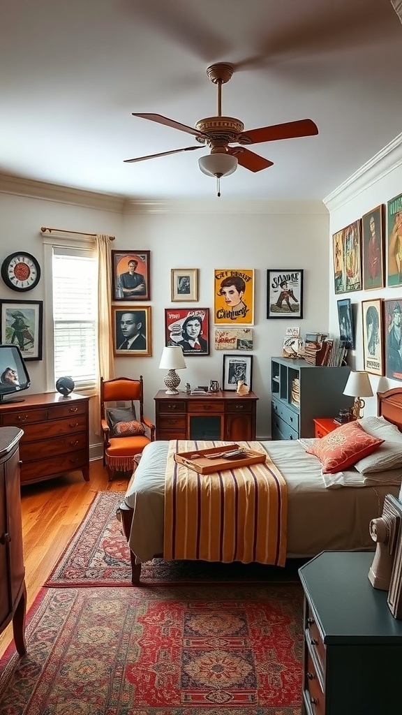A cozy bedroom with vintage decor, featuring wooden furniture, framed art on the walls, and a warm color palette.