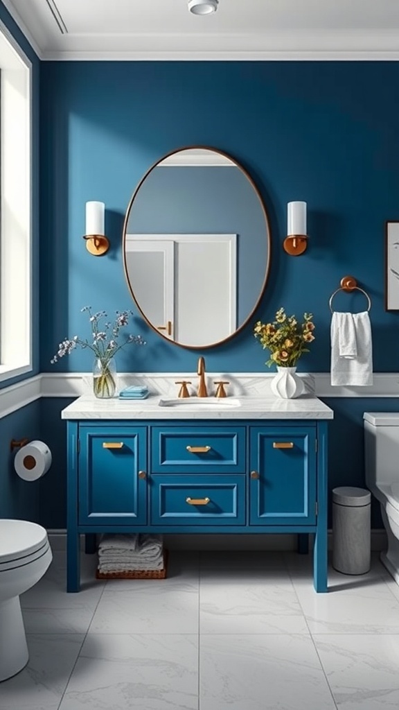 A stylish bathroom featuring a rich blue vanity with a marble countertop, round mirror, and natural light.
