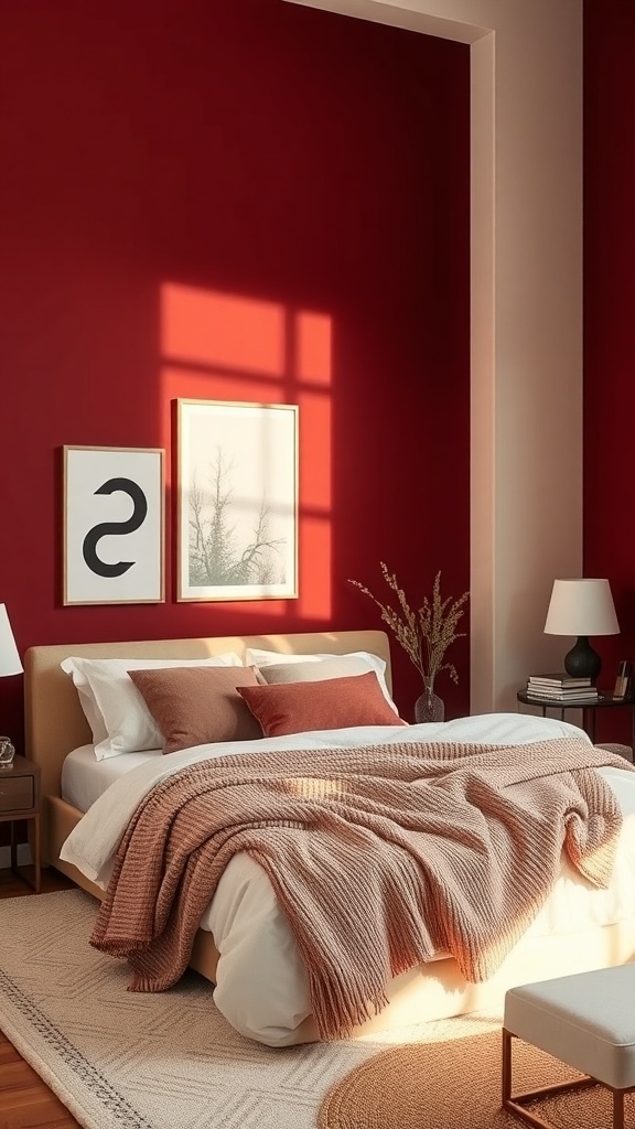 A cozy bedroom featuring rich burgundy walls and ivory bedding, creating a romantic atmosphere.