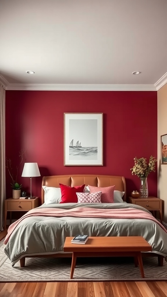 A cozy bedroom with rich burgundy walls, a stylish bed, and warm decor.