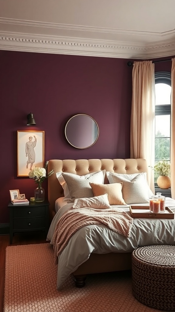 A cozy bedroom featuring rich plum walls, a plush bed with soft bedding, and warm decor elements.