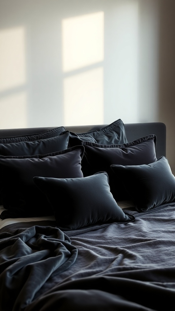 A cozy bed with dark pillows and a soft blanket, creating a moody romantic atmosphere.