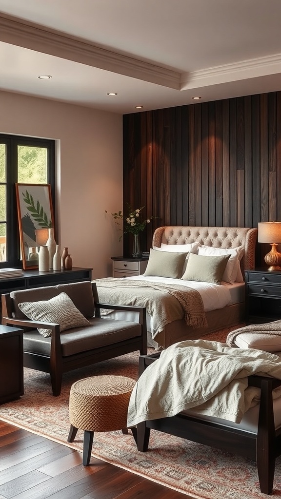 A dark romantic bedroom featuring rich wood accents, including a wooden wall and dark furniture.
