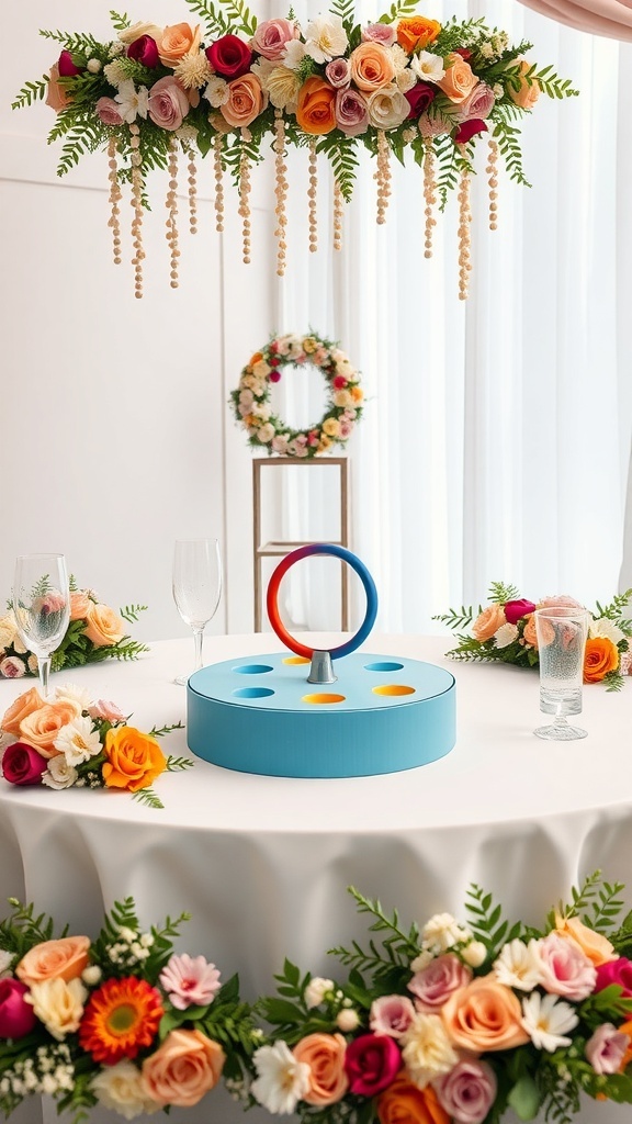 A vibrant ring toss game on a table decorated with colorful flowers and elegant glasses.