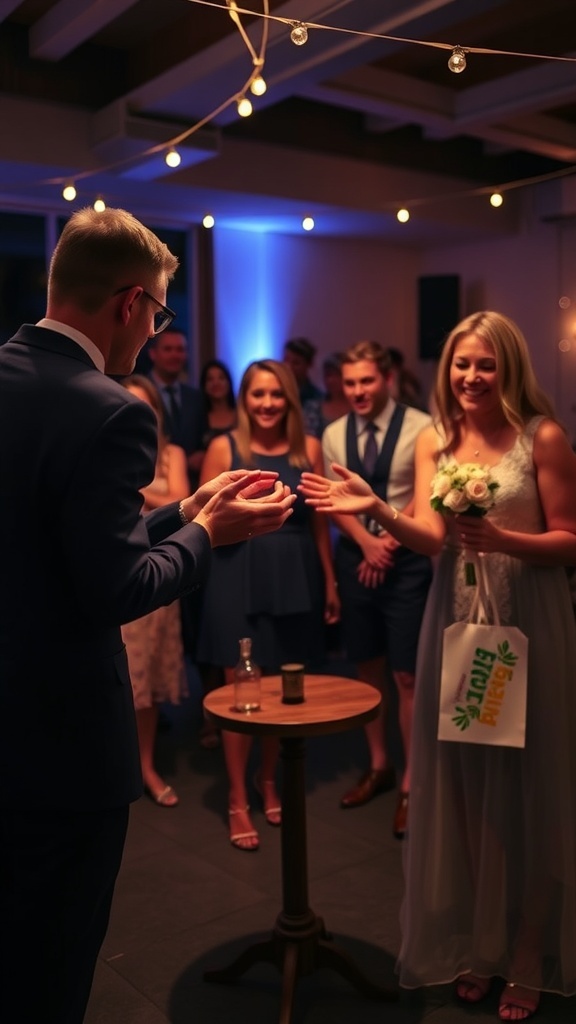 Guests enjoying a ring toss game at a wedding reception, surrounded by festive lighting.