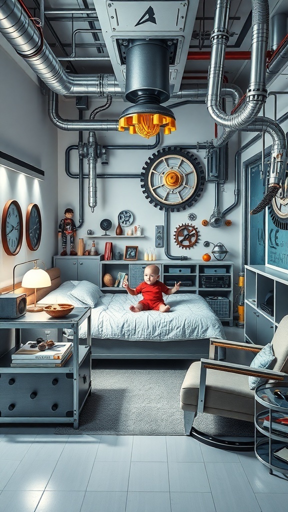 A stylish boys bedroom designed like a robot factory, featuring metallic decor, gears, and a cozy bed.
