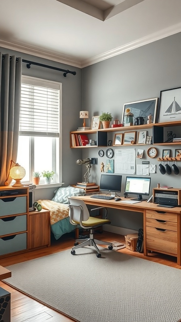 A cozy boy's bedroom with a robot workshop setup, featuring a desk with two computer monitors, shelves with books and models, and colorful bedding.