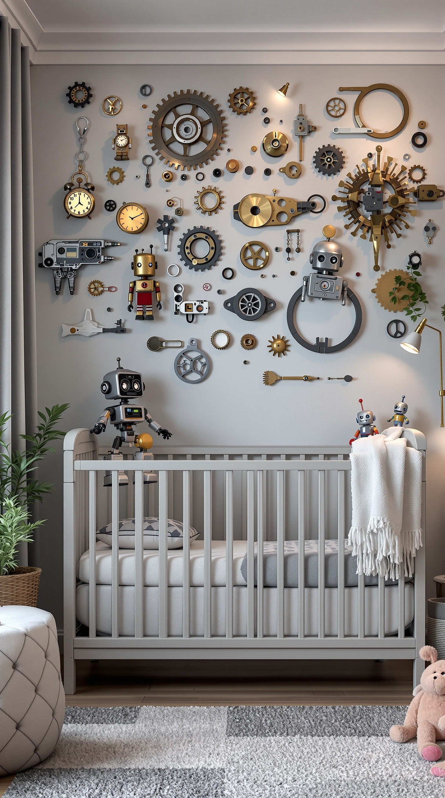 A nursery designed with a Robot Workshop theme, featuring a crib, robot decorations, and gear wall art.