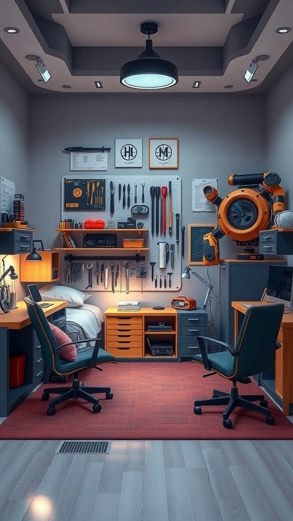 A well-organized robotics workshop bedroom featuring tools, workstations, and bright accents.