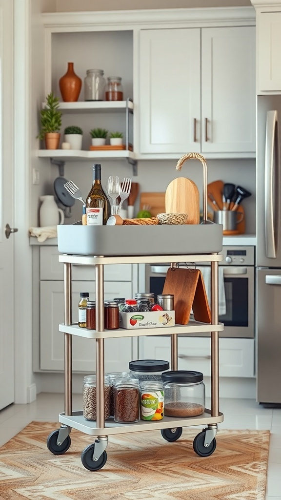 A stylish rolling cart in a kitchen, filled with kitchen essentials like jars, utensils, and a bottle of wine.