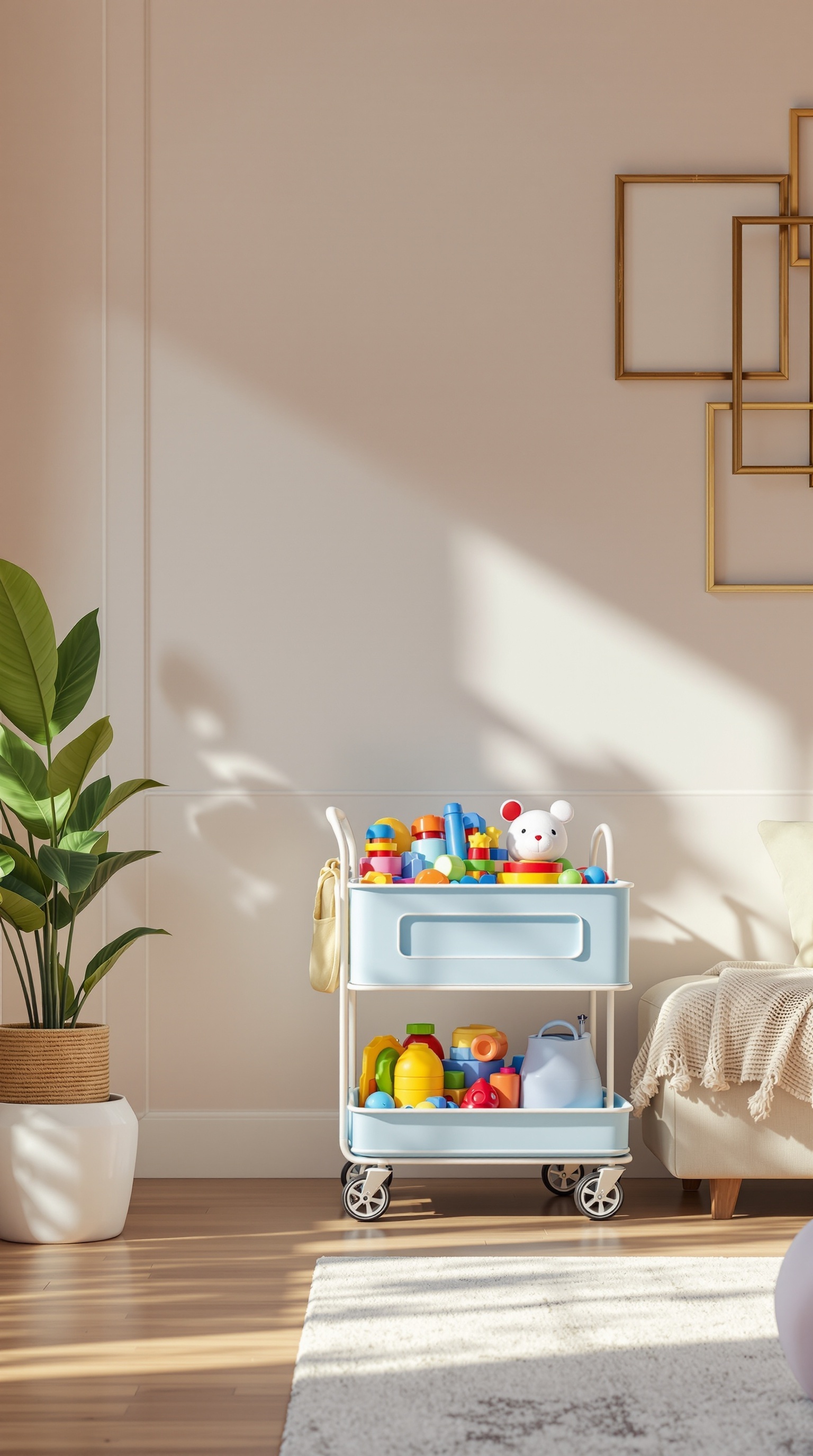 A light blue rolling cart filled with colorful toys in a living room setting.