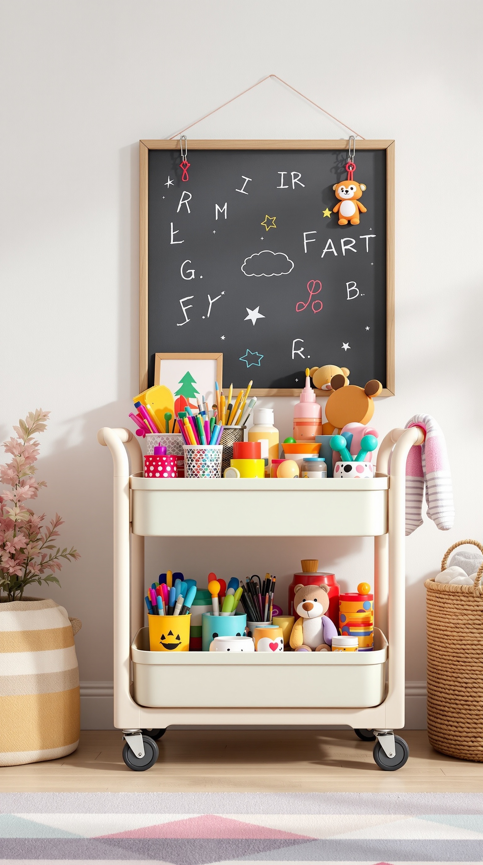 A rolling cart filled with colorful toys and art supplies, set against a light wall with a chalkboard above.