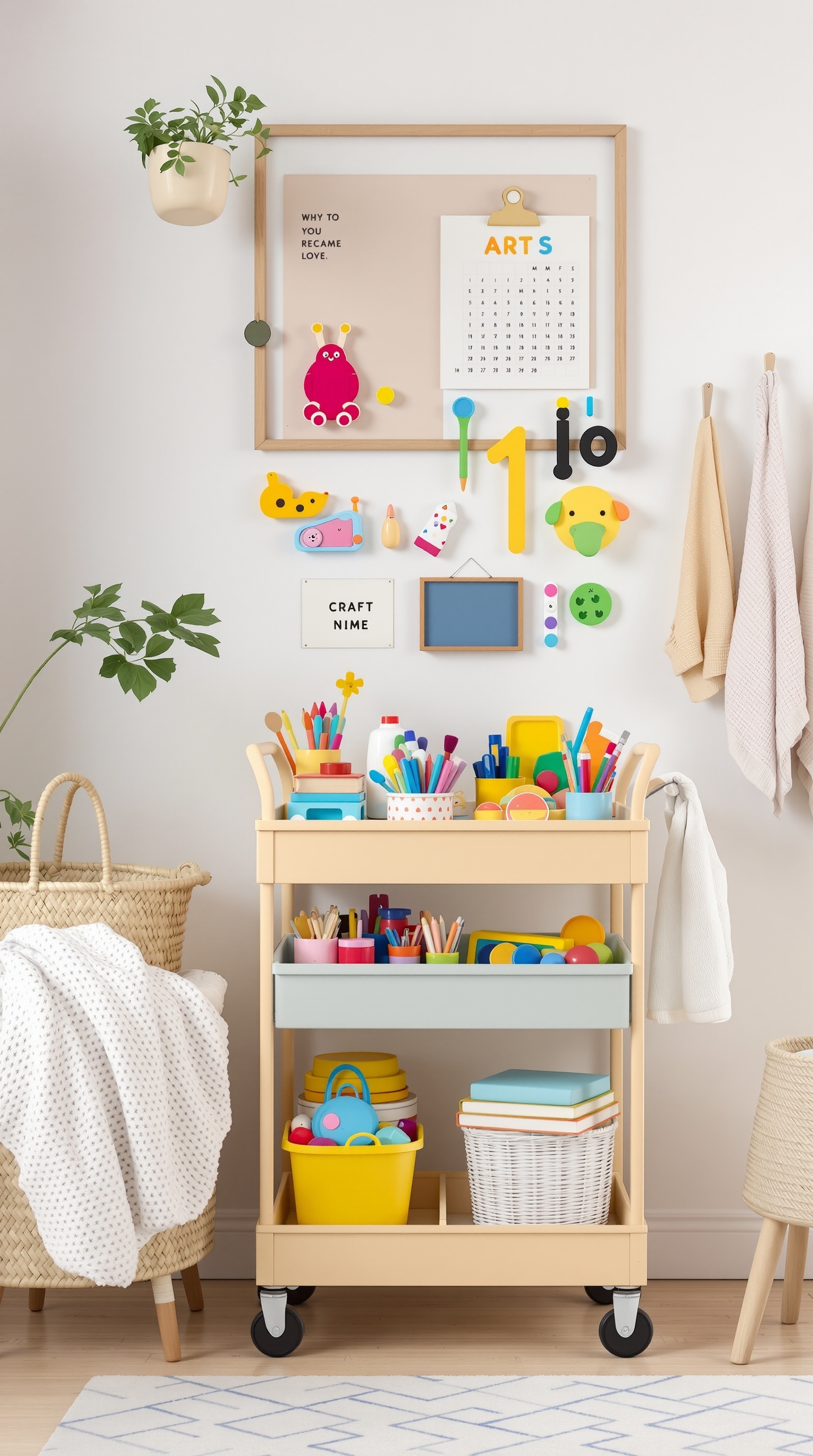A colorful rolling cart filled with art supplies and toys, set against a bright wall with a calendar and craft items.