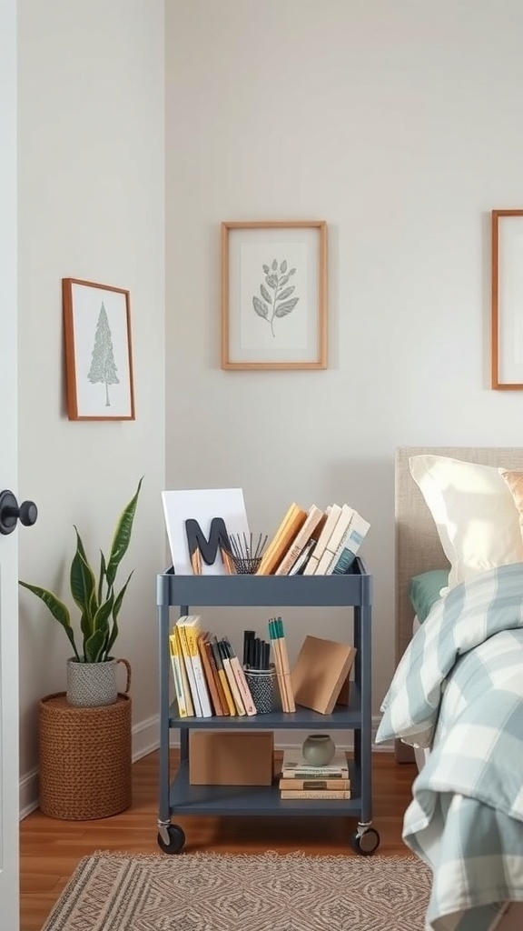 A small rolling cart filled with books and stationery in a cozy bedroom setting.