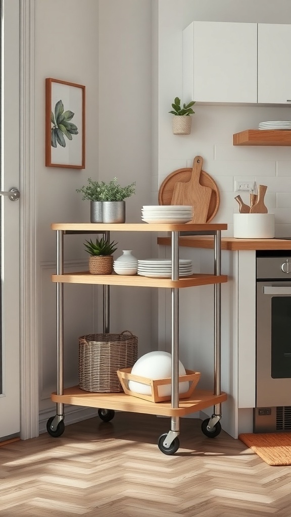 A rolling kitchen cart with wooden shelves and metal frame, featuring plates, bowls, and a basket, set in a bright kitchen.