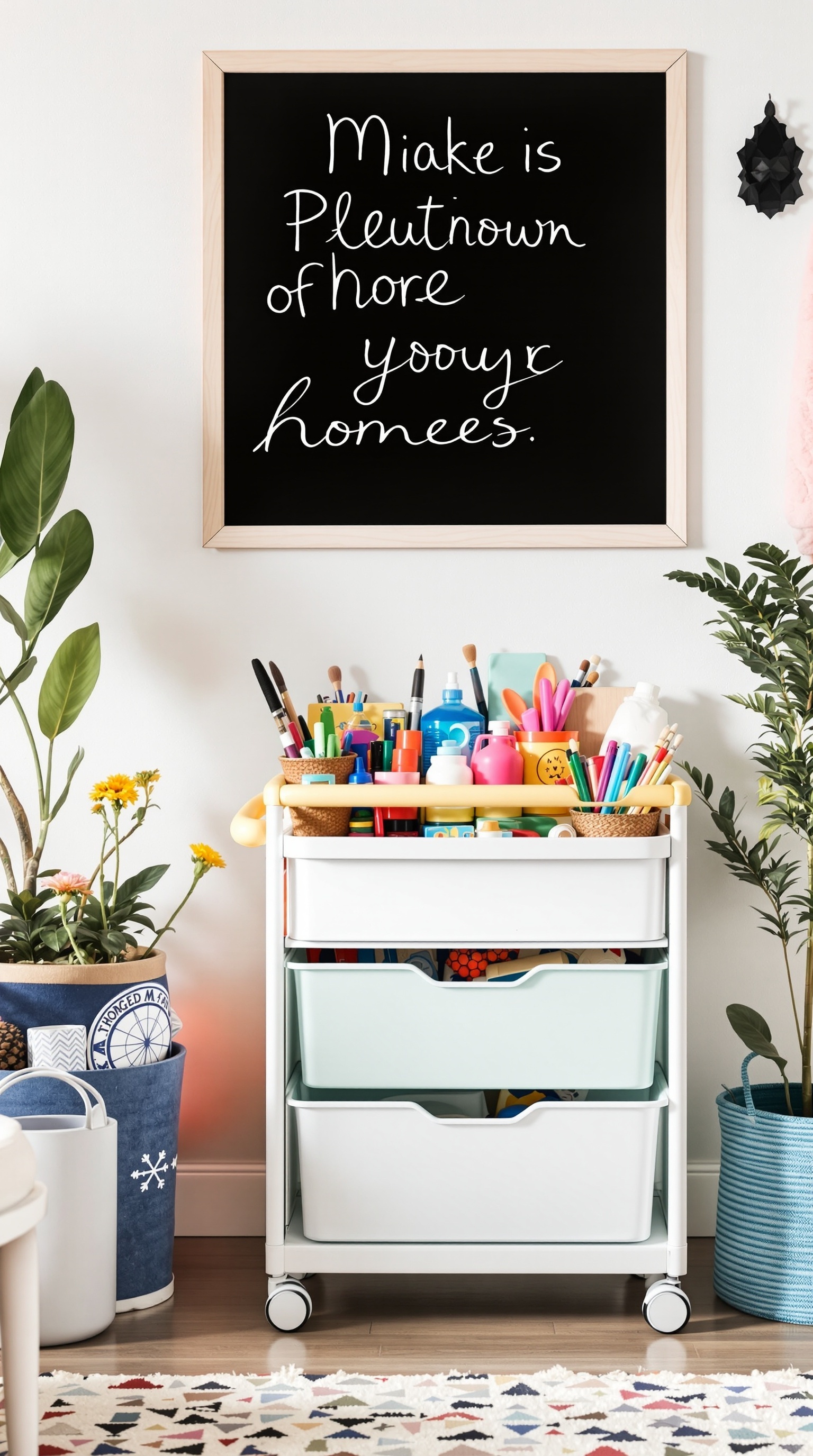 A colorful rolling storage cart filled with art supplies and toys, surrounded by plants and a chalkboard.
