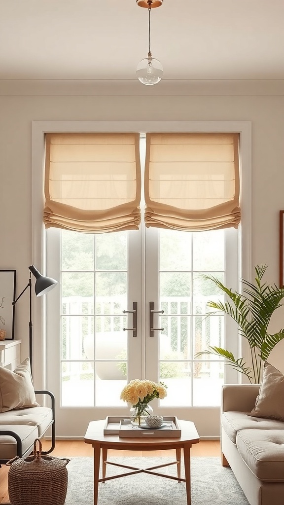 Cozy living room with sliding glass doors covered by soft beige Roman shades