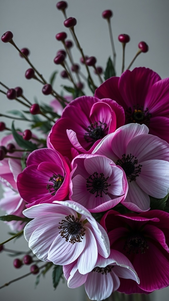 A bouquet of romantic anemones in pink and white with dark foliage and berries.