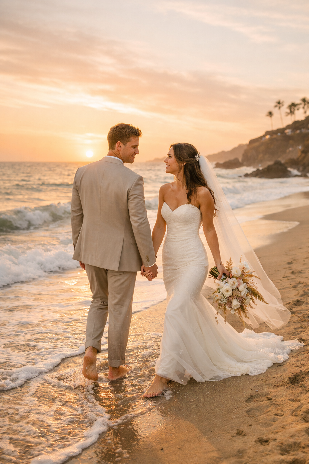 Couple walking on the beach during sunset
