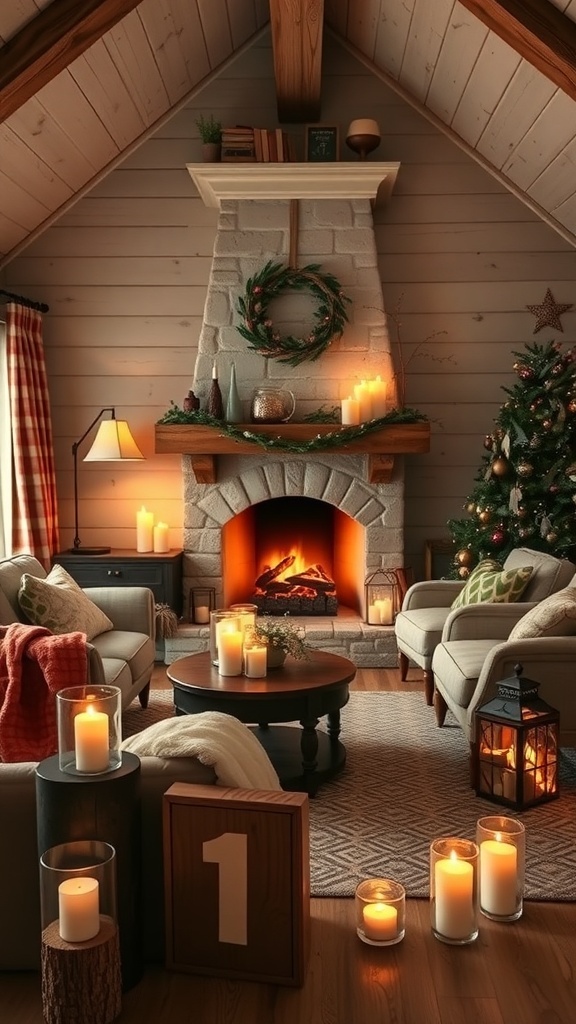 A cozy cabin interior with a fireplace, candles, and a Christmas tree, creating a romantic atmosphere.