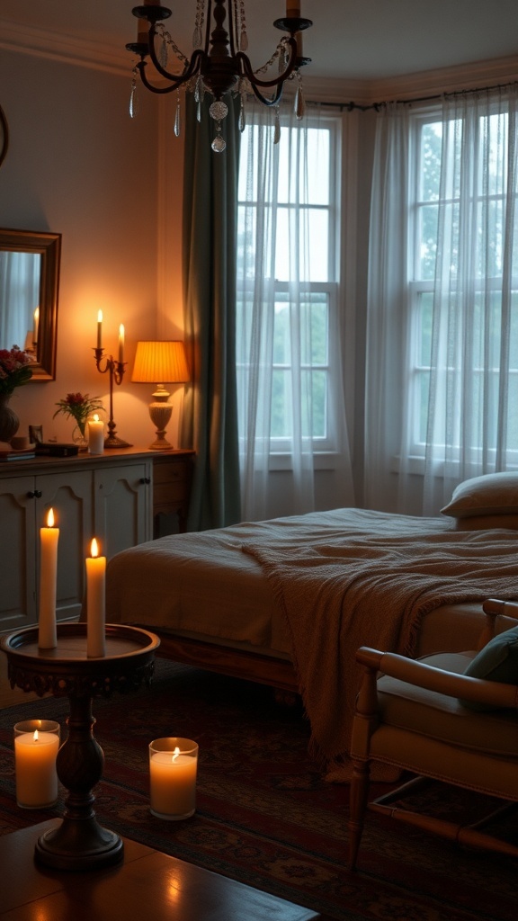 A cozy vintage bedroom with candlelight accents, featuring a chandelier, soft curtains, and a warm atmosphere.